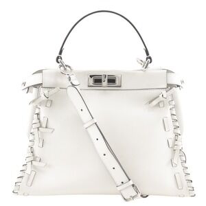 Fendi Peekaboo Medium Handbag, 2-Way Shoulder Bag, Leather, White, A5 Size, T...